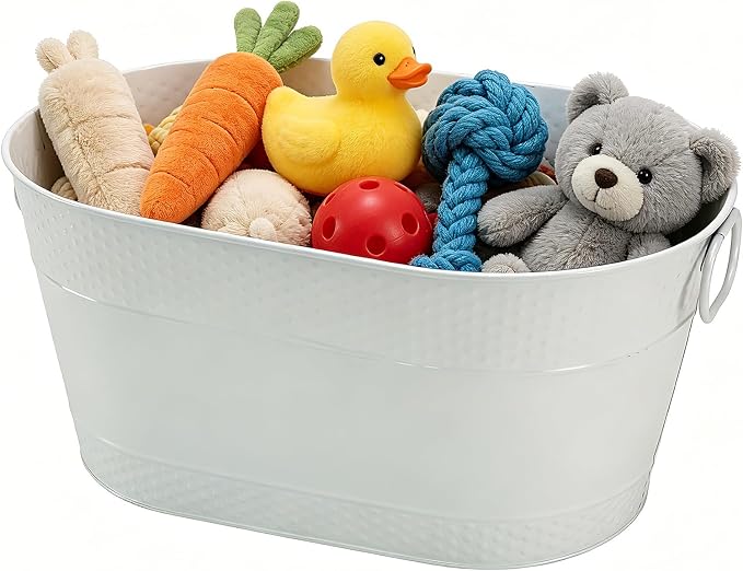 Indestructible Metal Dog Toy Bin, White Galvanized Storage Bin with Handles, Puppy Basket for Blankets, Leashes, Pet Toy Box for Living Room (25-Quart) - Image 8