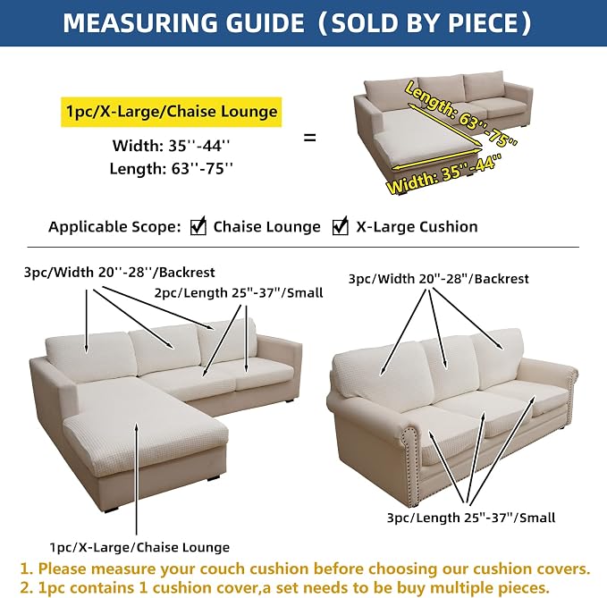 Eismodra Sectional Couch Covers Chaise Cushion Cover for Sofa L Shape Chaise Lounge Magic Stretch 3 Cushion Couch Slipcover for Dogs L Shaped Replacement Protector,Cream White X-Large(Only 1 Piece) - Image 5