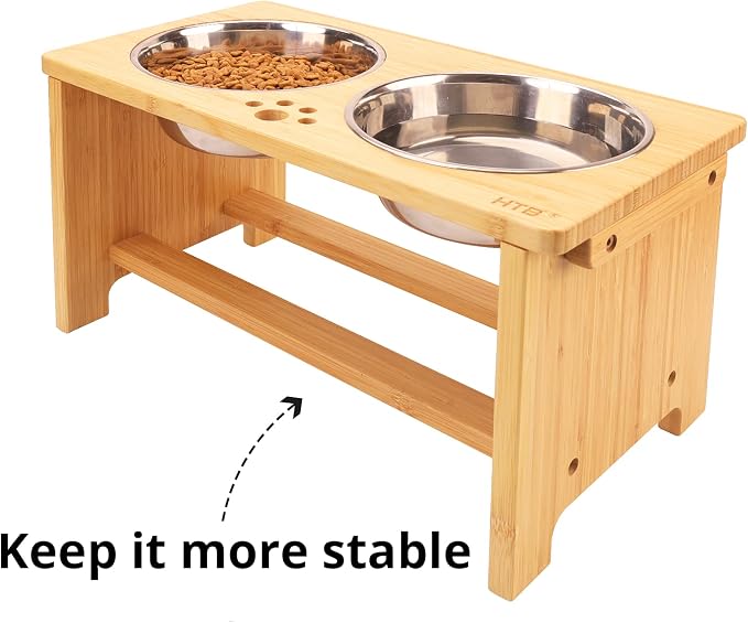 HTB Elevated Dog Bowls,Raised Dog Bowl Stand with 2 Stainless Steel Bowls,Elevated Raised Dog Bowls for Large Medium Small Sized Dogs | Raised Dog Bowl Stand, 10"tall, 48 Oz Bowls, for Large Sized Dogs, Pet-safe, Solid Bamboo - Image 4