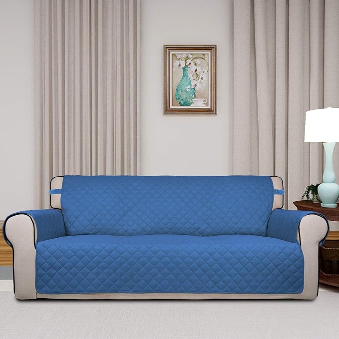 PureFit Reversible Quilted Sofa Cover Dog Couch Covers for Sofa, 66 in | Blue/Ivory, Water Resistant Couch Protector, Washable Pet Couch Cover with Non Slip and Elastic Straps For Kids - Image 2