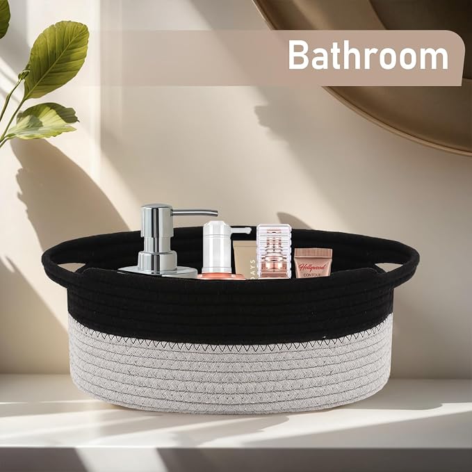 JMvicyroam Small Woven Basket, Empty Gift Basket, Black&Grey/1 Pack | Small Gift Basket, Cotton Rope, 12 x 8 x 78 in, Handles, Includes Ribbon and Bag, Birthday Gift Basket - Image 8