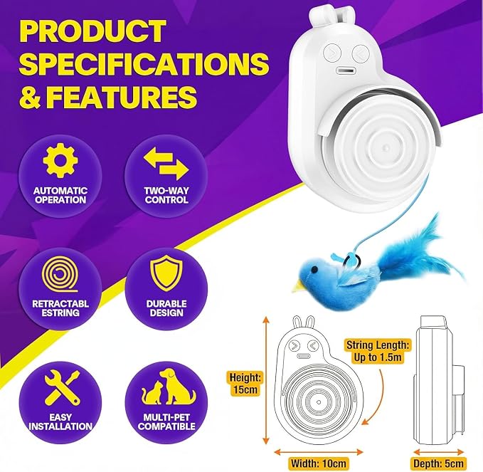 Automatic Interactive Cat Toys, Door Flying Feather Bird & Mouse for Kitten | CATPICK Electric Rechargeable Door Frame Hanging Play Chase Exercise Moving Enrichment Toy for Bored Adult Cats, Grey - Image 6