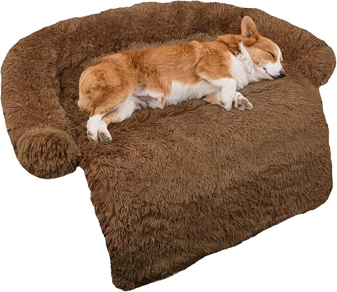 GGIB Calming Dog Bed Fluffy Plush Dog Mat for Furniture Protector with Removable Washable Cover for Large Medium Small Dogs and Cats (Medium, Brown) by GGIB