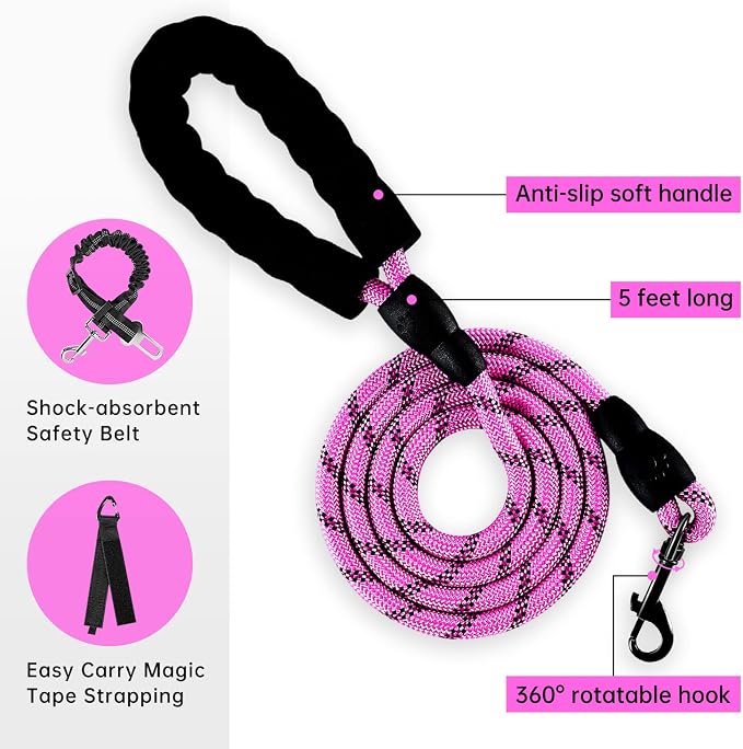 IVY&LANE No Pull Dog Harness for Large Dogs, Dog Vest Harness with Leash, Safety Belt and Storage Strap, Fully Adjustable Harness, 360° Reflective Strip, Soft Handle (Fuchsia Pink, L) - Image 2
