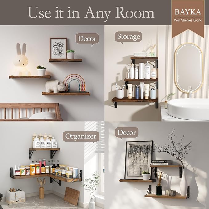 BAYKA Wall Shelves for Bedroom Decor, Floating Shelves for Wall, Display Mounted Rustic Wood Shelf for Books,Plants,Corner Shelves for Bathroom,Kitchen,Living Room(Rustic Brown,Set of 3) - Image 3