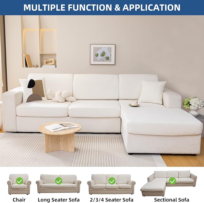Eismodra Sectional Couch Covers Chaise Cushion Cover for Sofa L Shape Chaise Lounge Magic Stretch 3 Cushion Couch Slipcover for Dogs L Shaped Replacement Protector,Cream White X-Large(Only 1 Piece) - Image 2