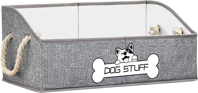 Dog Toy Basket, Storage Bin, Collapsible Box for Pet Accessories | Fabric Container With Handle, Trapezoid Holder for Small Medium dogs, Organizer for Living Room, Light Gray by Thankspaw