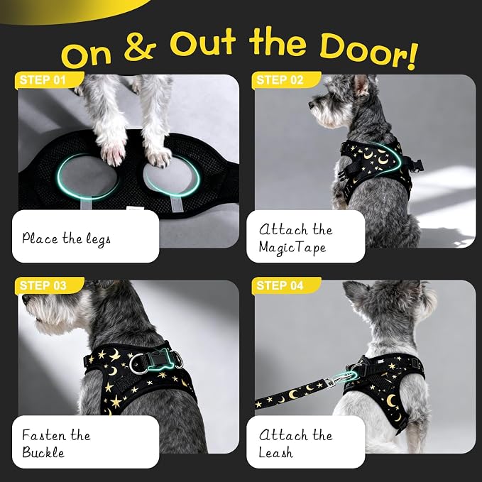 Small Dog Harness and Leash Set - Cute Puppy Harness Leash Dog Collar with AirTag Holder Silicone Case, Soft Padded Step in Pet Vest Reflective for Outdoor Walking, Star-Moon M - Image 3