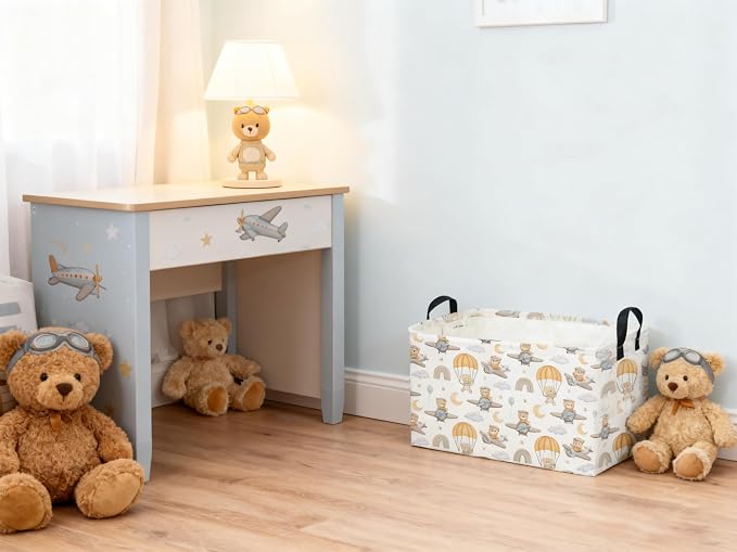 Sanjiaofeng Rectangular Kids Basket Bear Storage Bins,Cute Storage Basket with Handles.Clothers,Books,Kid's Gifts Bins. (Airplane Bear) - Image 6
