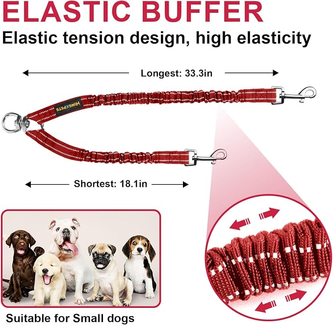 MingXpet 2 Dog Leash, Dog Leash for 2 Dogs, 360° Swivel No Tangle Double Walking Training Leashes for Large Dogs that Pull, Comfortable Shock Absorbing Reflective Bungee, Red - Image 2