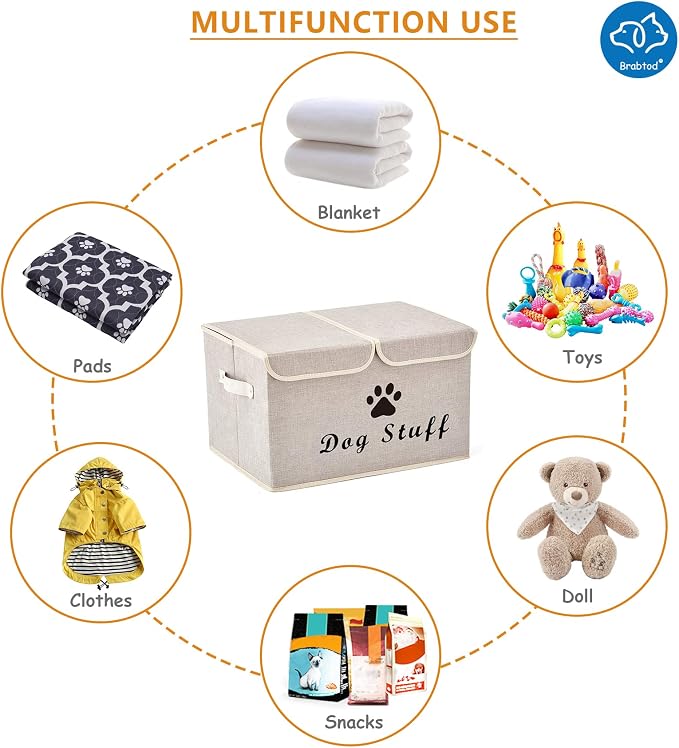 Large Dog Toys Storage Box Canvas Storage Basket Bin Organizer with Lid - Collapsible Linen Bin Ideal for Organizing Dog Cat Toys and pet Stuff-PP Boad-17" x 12" x 10" - Beige - Image 4