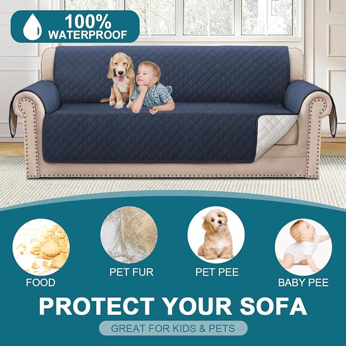Turquoize 100% Waterproof Sofa Covers Couch Cover Sofa Cover for Dogs Couch Protector Triple Non-Slip Sofa Slipcover for 3 Cushion Couch Furniture Protector for Pets, Kids,Dog (Sofa 70", Navy) - Image 2
