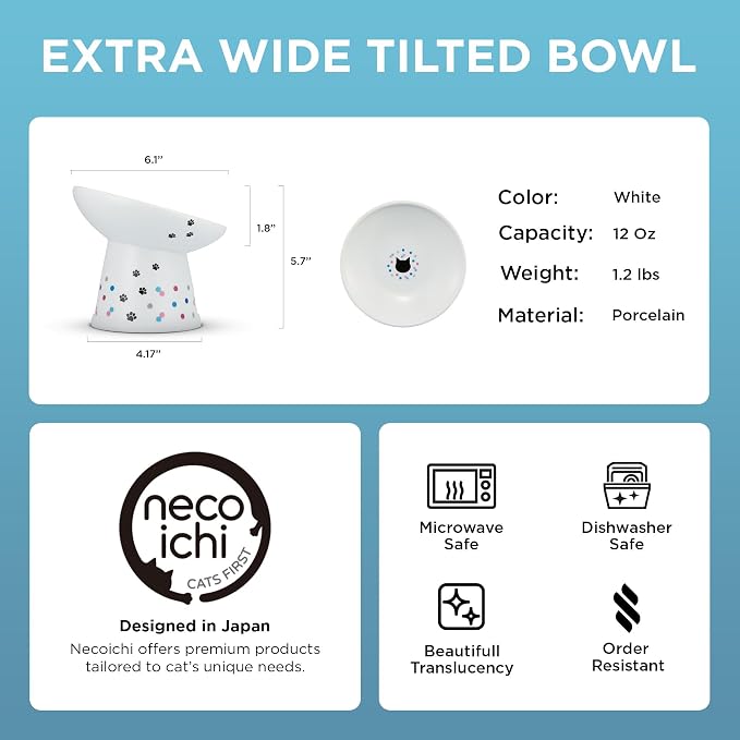 Necoichi Ceramic Elevated Food Bowl, 15° (Colorful Dots, Extra Wide Tilted) - Image 2