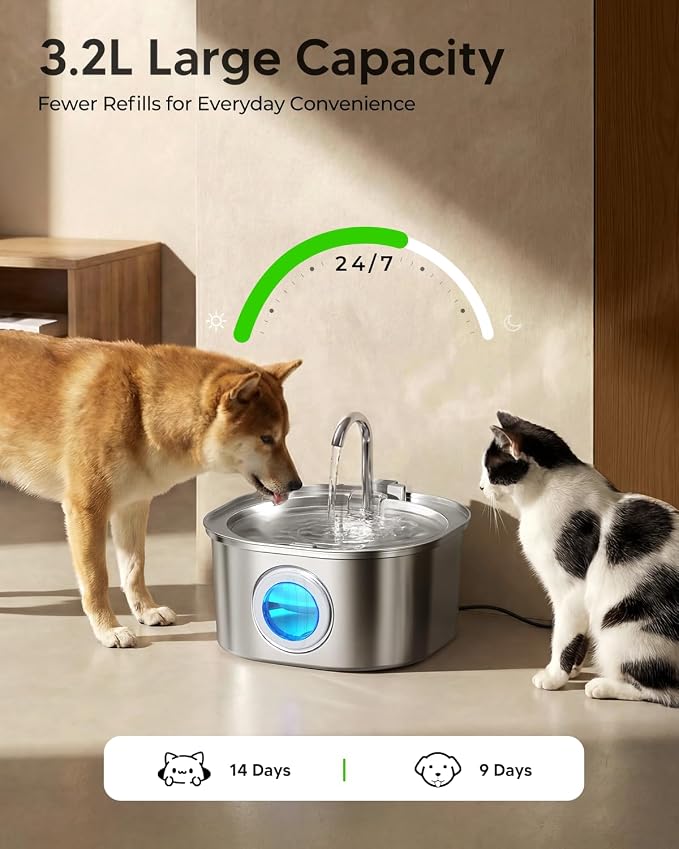 PEKTACO Stainless Steel Cat Water Fountain, 3.2L/108oz with 6 Filters | Cat water dispenser, dishwasher safe, with triple filtration, quiet pump, and visible water window for cats and small pets - Image 4