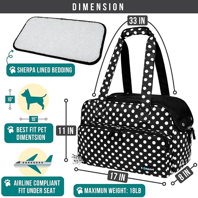 PetAmi Small Dog Purse Carrier, Soft-Sided Pet Carrier Bag with Pockets, Portable Puppy Cat Travel Handbag Tote, Airline Approved Breathable Mesh, Poop Bag Dispenser, Max 18 lbs, Polka Dot Black - Image 2
