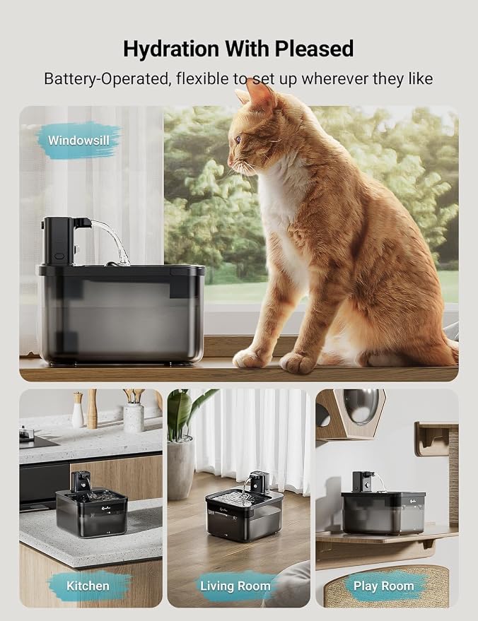 DownyPaws Cat Water Fountain Cordless, Pet Fountain, 84oz/2.5L, Black | Wireless Cat Drinking Water Fountains for Cats Indoor, Fursink , Battery Operated, Motion Sensor, Ultra Quiet Pump, BPA-Free - Image 2