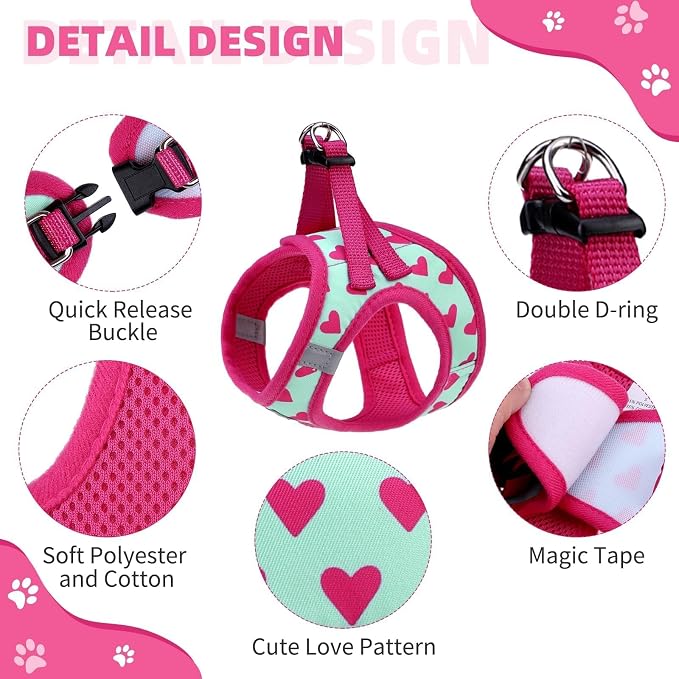 KOOLTAIL Valentines Dog Harness and Leash Set for Small Medium Dogs, Step in No Pull Soft Mesh Dog Harness Padded Pet Vest, Adjustable Reflective Easy Walking Puppy Harnesses Training, Pink Heart S - Image 2