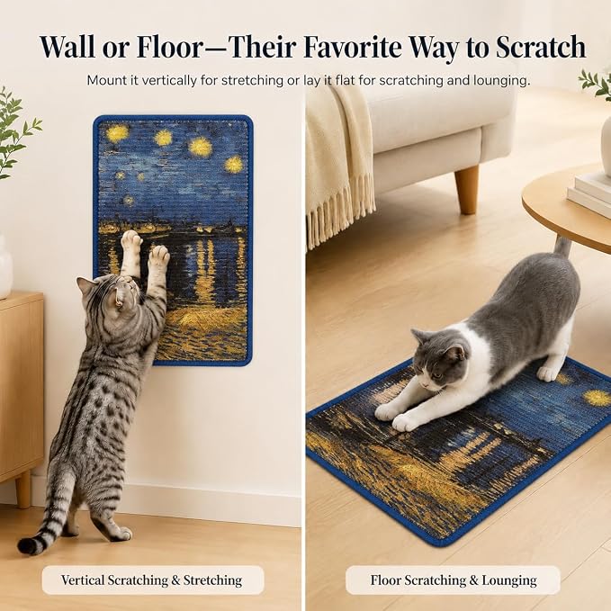 Art Sisal Cat Scratcher Mat, Cat Wall Scratchers for Indoor Cats | Wall Mounted Cat Scratcher, Natural Sisal, No-Drill Hook & Loop Setup, Floor or Wall Use, 23.6 x 15.7 Inch, Starry River - Image 7