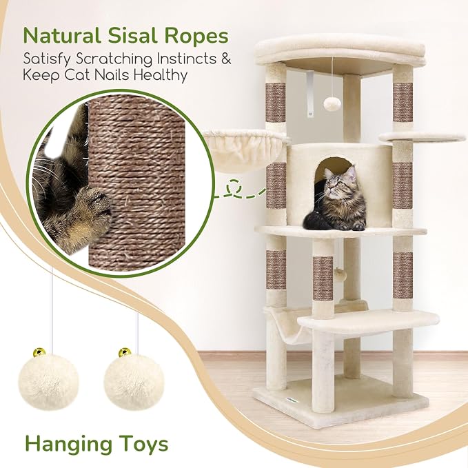 Globlazer Corner Stable Cat Tree Tower with Scratching Post, C51, Beige | 51in Space-Saving Multi-Level Cat Condo for Indoor Cats with Hammock, Large Top Perch for Large Cats, Cozy Cat Cave - Image 6