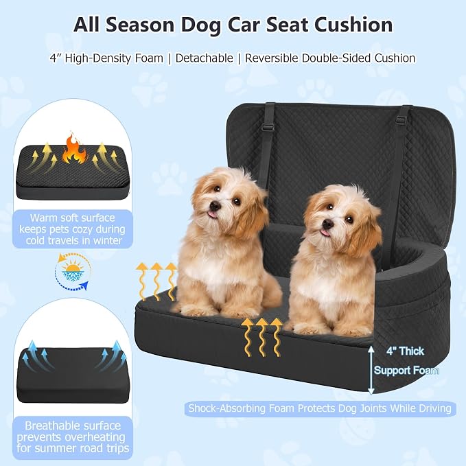 BLVRYVIO Large Dog Car Seat for Medium Sized Dogs Under 55lbs or 2 Smalls | Double Pet Booster Dog Seat for Car with 4" Memory Foam for Back Seat, Triple Safety Belts, Storage Pockets, Washable, Black - Image 3