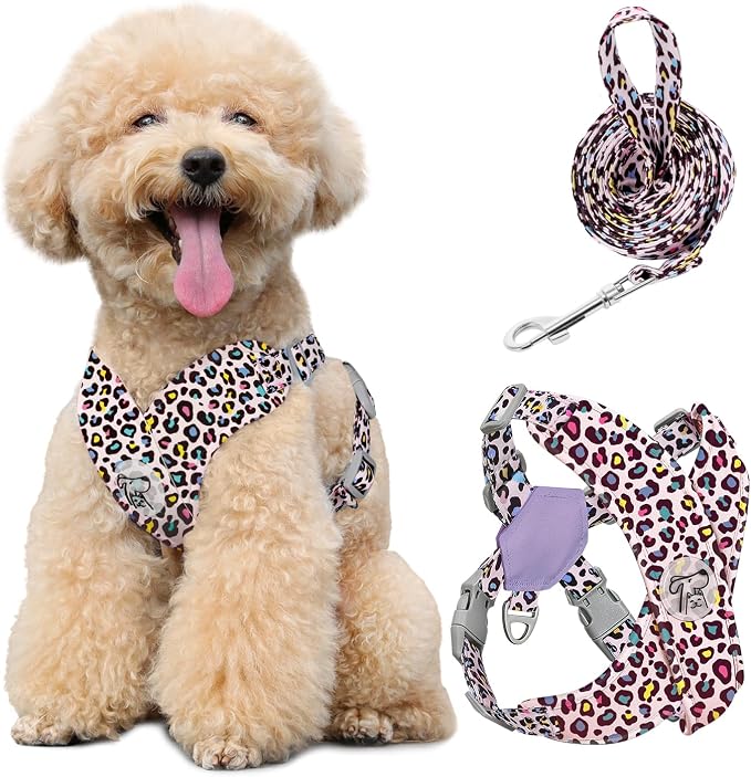 Pawaboo Small Dog Harness and Leash Set, Puppy Harness X-Frame Adjustable | Dog Vest Harness for Small Medium Sized Dogs No Pull No Choke, Soft Breathable Pet Harness for Outing, M, Light Pink Leopard by Pawaboo