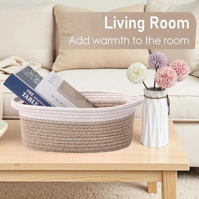 JMvicyroam Small Woven Basket, Empty Gift Basket, White&Oatmeal/2 Pack | Small Gift Basket, Cotton Rope, 12 x 8 x 73 in, Handles, Includes Ribbon and Bag, Birthday Gift Basket - Image 7