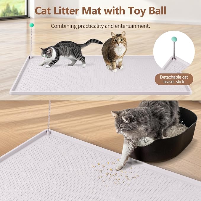 Silicone Cat Litter Box Mat 38'' x 25'' Cat Mat with Toy, White | Extra Large Litter Mat with lip, Non-Slip Waterproof Cat Litter Mat Litter Trapping Mat for Floor, Easy to Clean - Image 4