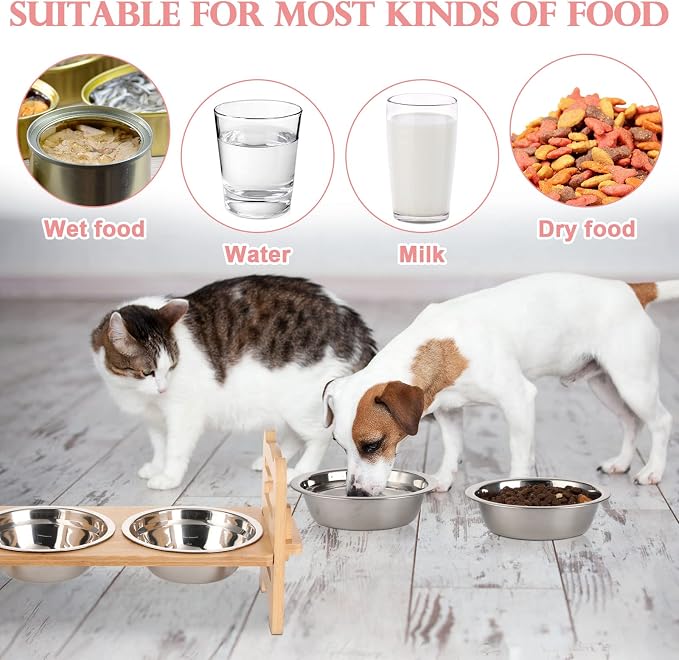 2 Set Elevated Dog Cat Bowls, 15 Tilted Raised Pet Bowl for Puppy and Cats Adjustable Dog Food Feeding Dishes Wood Stand Pet Feeder with Stainless Steel and Non Slip Feet - Image 6