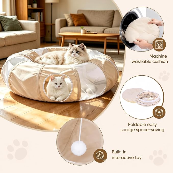 Ownpets Collapsible Cat Tunnel Toy - 2-in-1 Interactive Play Tunnel for Cat up to 18 lbs, Tear-Resistant Mesh, Fold to 2 Inches Thick, Portable Cat Exercise & Entertainment Tunnel, 12" Diameter, Khaki - Image 6