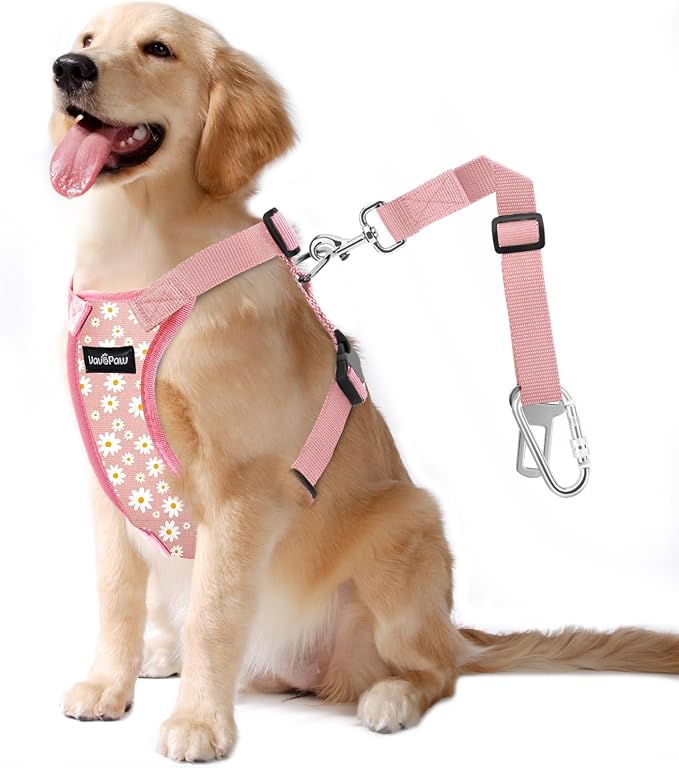 VavoPaw Dog Seat Belt, Safety Vest Dog Car Harness with Adjustable Buckle Dog Seat Belt for Vehicle Nylon Pet Safety Seat Belts Heavy Duty(XL, Pink Daisy) | Soft Breathable Mesh, Adjustable Buckle, Nylon, Heavy Duty Pet Safety Seat Belts for Small Medi... by VavoPaw
