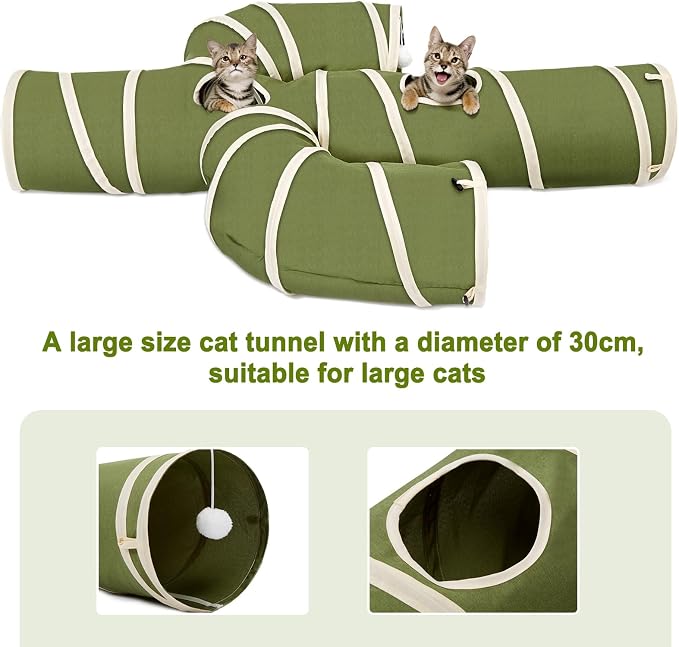 Ownpets Cactus Cat Tunnel 12" with Peek Holes for Indoor Large Cat, Green | Durable Oxford fabric, noise-free, foldable & connectable, multi-cat friendly, tube for cats up to 20lb, includes ball & wand - Image 9