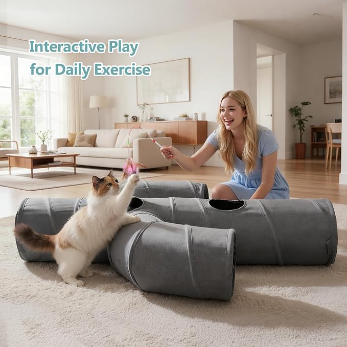 Ownpets Cactus Cat Tunnel 12" with Peek Holes for Indoor Large Cat, Grey | Durable Oxford fabric, noise-free, foldable & connectable, multi-cat friendly, tube for cats up to 20lb, includes ball & wand - Image 6