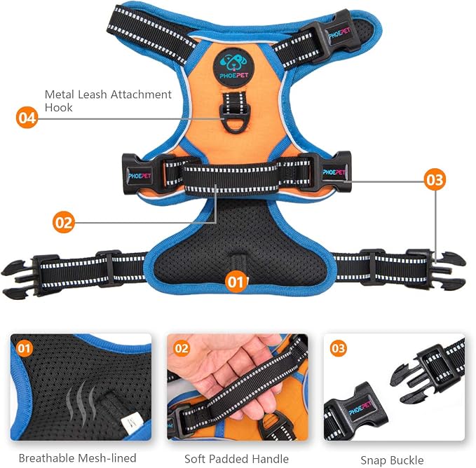 Reflective Dog Harness Large Breed Adjustable No Pull Vest | with Handle 2 Metal Rings 3 Buckles [Easy to Put on & Take off](XL,Orange) - Image 3
