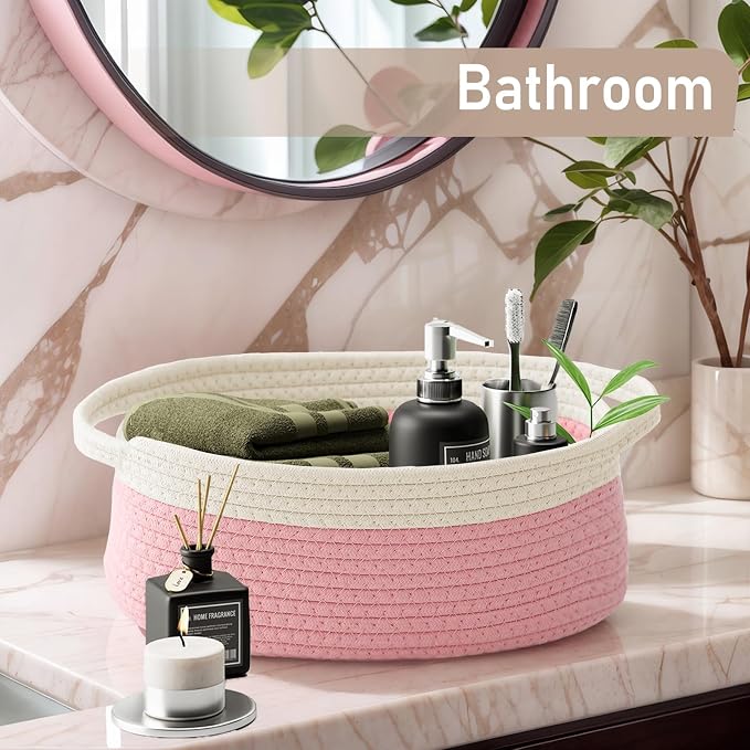 JMvicyroam Small Woven Basket, Empty Gift Basket, White&Pink/3 Pack | Small Gift Basket, Cotton Rope, 12 x 8 x 71 in, Handles, Includes Ribbon and Bag, Birthday Gift Basket - Image 8