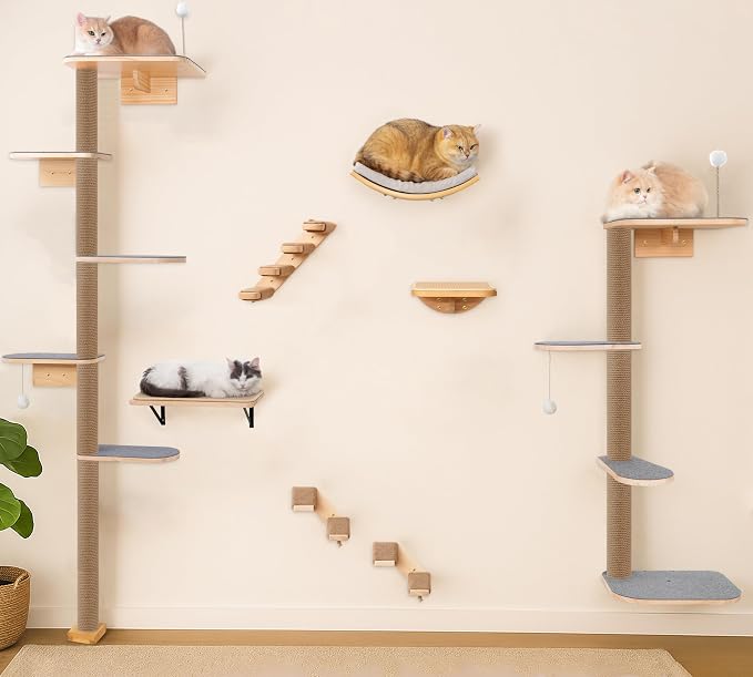 Floor to Ceiling Cat Tree for Kittens, 5-Tier Wall Mounted Cat Wall Shelves with Grey Felt Pads, Adjustable Wild Simulation Cat Tower, Natural Pine Wood Platforms for Climb, Scratch and Lookout - Image 7