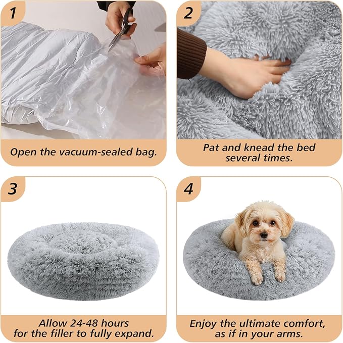 JOLLYVOGUE Calming Dog Bed for Small Dogs - 23 inches Donut Washable Small Dog Bed for Kittens & Puppies, Anti-Slip Round Fluffy Plush Faux Fur Cat Beds (Fits up to 25 lbs Pets, Grey) - Image 8