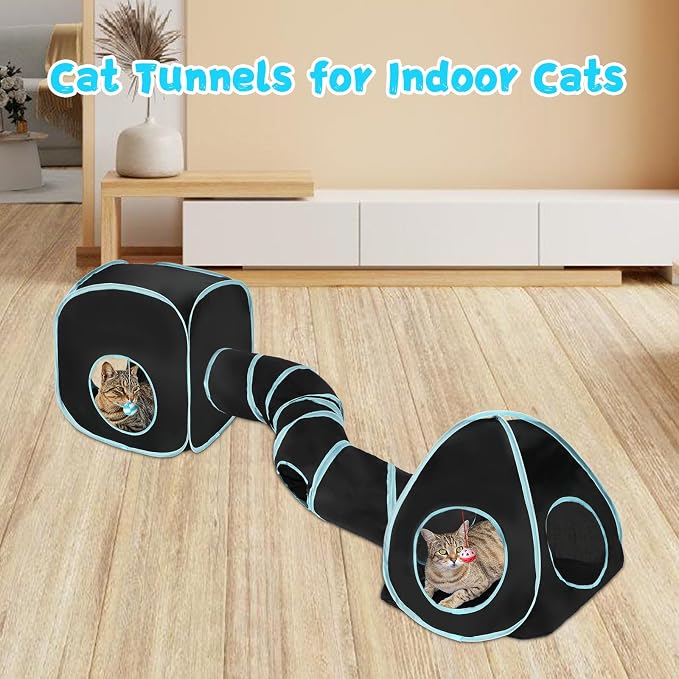 Rypet Cat Toy Tunnel and Cubes Bundle, Play Tubes for Indoor Cats, Black | 3-in-1 Tunnel Cubes Tent, Crinkle Tube for Play, DIY Shapes, Ball and Bell for Play, Tear-Resistant Polyester, Folds Flat - Image 5