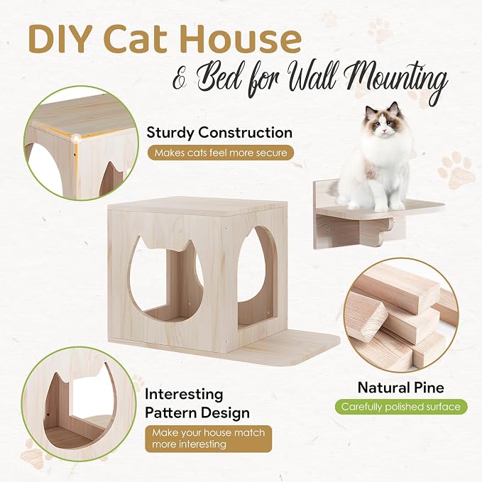 Cat Wall Furniture Set, Cats Wall Shelves Cat Wall Climber | 1 Cat Wall House and 1 Cat Wall Step Wooden Wall Mounted Cats Bed and Perches for Indoor Cats Playing, Climbing - Image 3