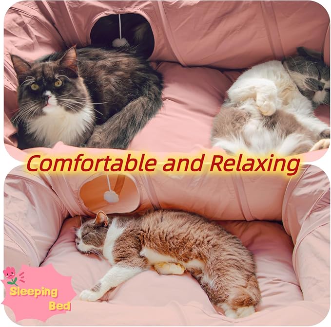 XxingSheep 4 Ways Shuttled XL Cat Tunnel Bed for Indoor Cats Peekaboo Cat Cave Donut with Cool Mat (Pink) - Image 6