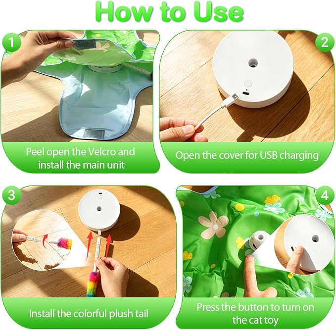 Interactive Cat Toys for Indoor Cats, Rechargeable Hide & Seek Toy | Touch Activated, 3 Speed Modes, 10-Min Auto off, Bird Chirps(can turn off), Hidden Feather Wand for Bored Adult Cats, Green - Image 6
