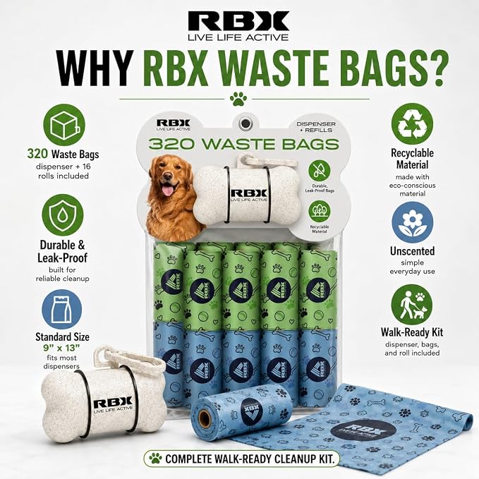 RBX Dog Poop Bags with Leash Holder, 320 Bags, 16 Refill Rolls | Clip-On Dispenser, Durable Leak-Proof, Recyclable Material - Image 8