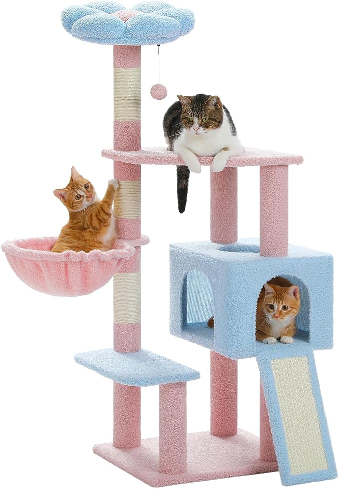 Flower Cat Tree 47.2" Multi-Level Cat Tower with Sisal Covered Scratching Posts, Cute Cat Condo for Indoor Small Medium Cats, Pink Top Perch, Ramp, Fluffy Ball, Blue by MUTTROS