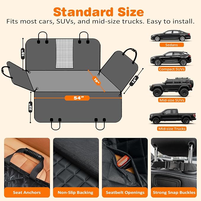 URPOWER 4 in 1 Dog Car Seat Cover for Back Seat, Waterproof Hammock | Mesh Window, Side Flaps, 600D Oxford, Scratch Resistant, Non-Slip, Easy Install, Machine Washable, Dog Seat Belt Included - Image 6