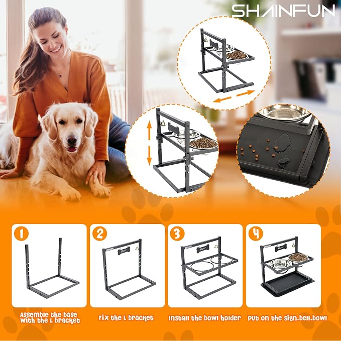 SHAINFUN Elevated/Raised Dog Bowls Stand Adjusable Height with Two 1.7L Stainless Steel Food Bowls and Spill Proof Mat, for Large and Medium Dogs. - Image 7