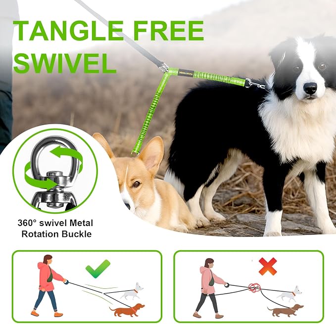 MingXpet 2 Dog Leash, Dog Leash for 2 Dogs, 360° Swivel No Tangle Double Walking Training Leashes for Large Dogs that Pull, Comfortable Shock Absorbing Reflective Bungee, Green - Image 4