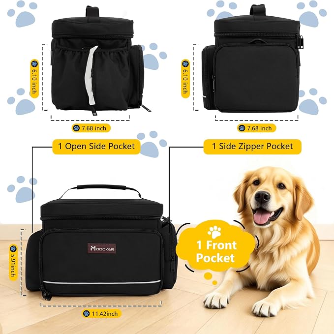 Modoker Large Dog Travel Bag Set with 2 Bowls and Food Bags, 17L Black | Large Pet Travel Organizer with 2 Food Containers, 2 Collapsible Bowls, Feeding Mat, Multiple Pockets and Adjustable Flap - Image 2