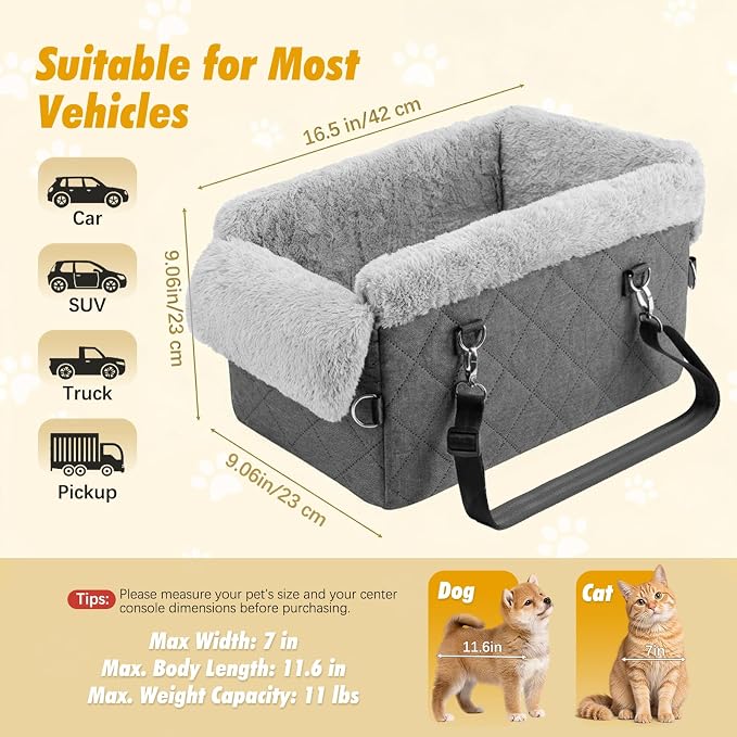 VavoPaw Center Console Dog Car Seat for Small Dogs&Cats Under 12 LBS | Puppy Car Seats with Non-Slip&Strong Support, Anti-Collapse Portable Pet Bed for Puppies with Soft Cushion Safety Belt, Gray - Image 6