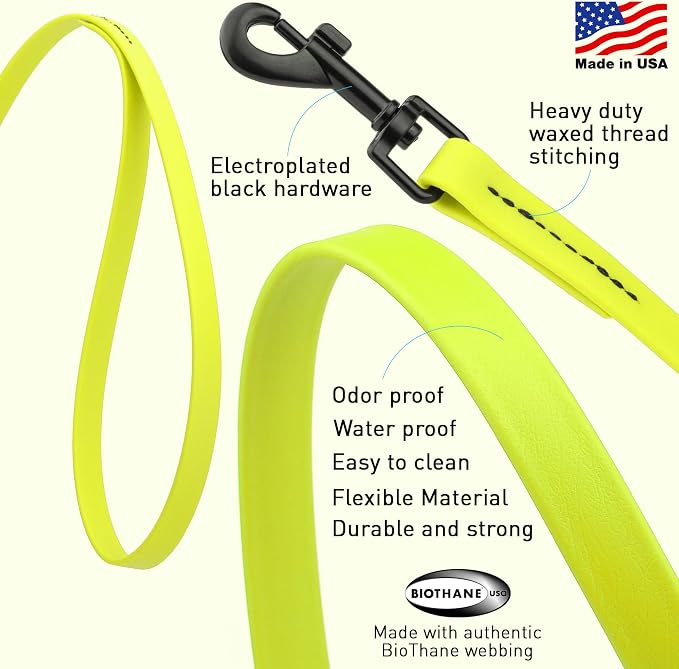 Dogline Biothane Waterproof Dog Leash Strong Coated Nylon Webbing with Black Hardware Odor-Proof Easy to Clean High Performance for Small or Large Dogs Made in USA 2 ft Lead, Safety Yellow - Image 2