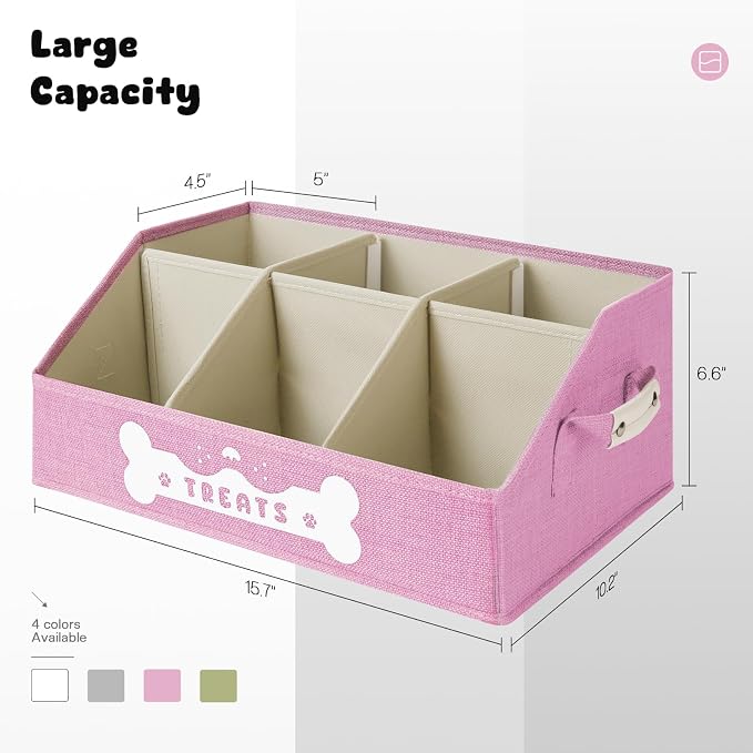 Dog Treat Container, Dogs Storage Organizer with Removable Dividers, Collapsible Dogs Treat Holder for Countertop, Trapezoid Pet Treats Containers, Dog Toy Basket with PU Handles, Medium, Pink - Image 2