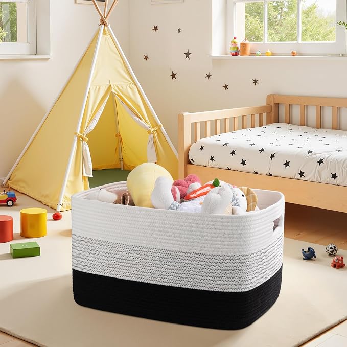OIAHOMY Blanket Basket Laundry Basket Dog Toy Basket 75L Gradient Black | Large Storage Basket,Baby Basket,Toy Storage,Woven Rope Basket for Blankets,Blanket Storage for Living Room - Image 2